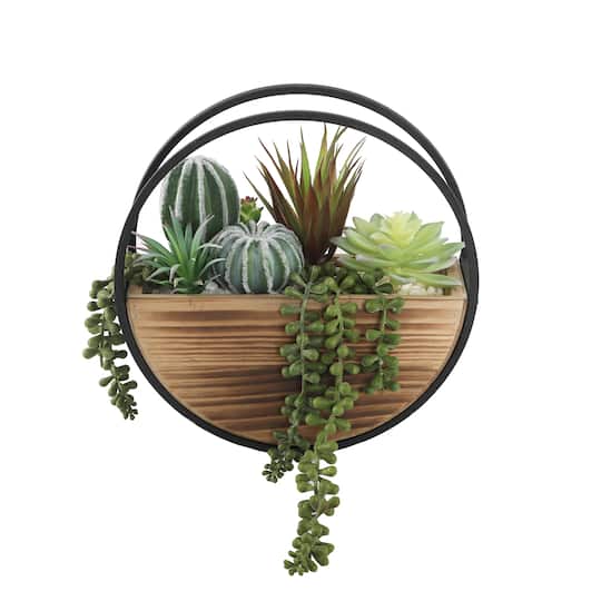 Flora Bunda® 11" Round Wood & Metal Wall Succulent Mix in Brown | 11" x 4" x 9.5" | Michaels®